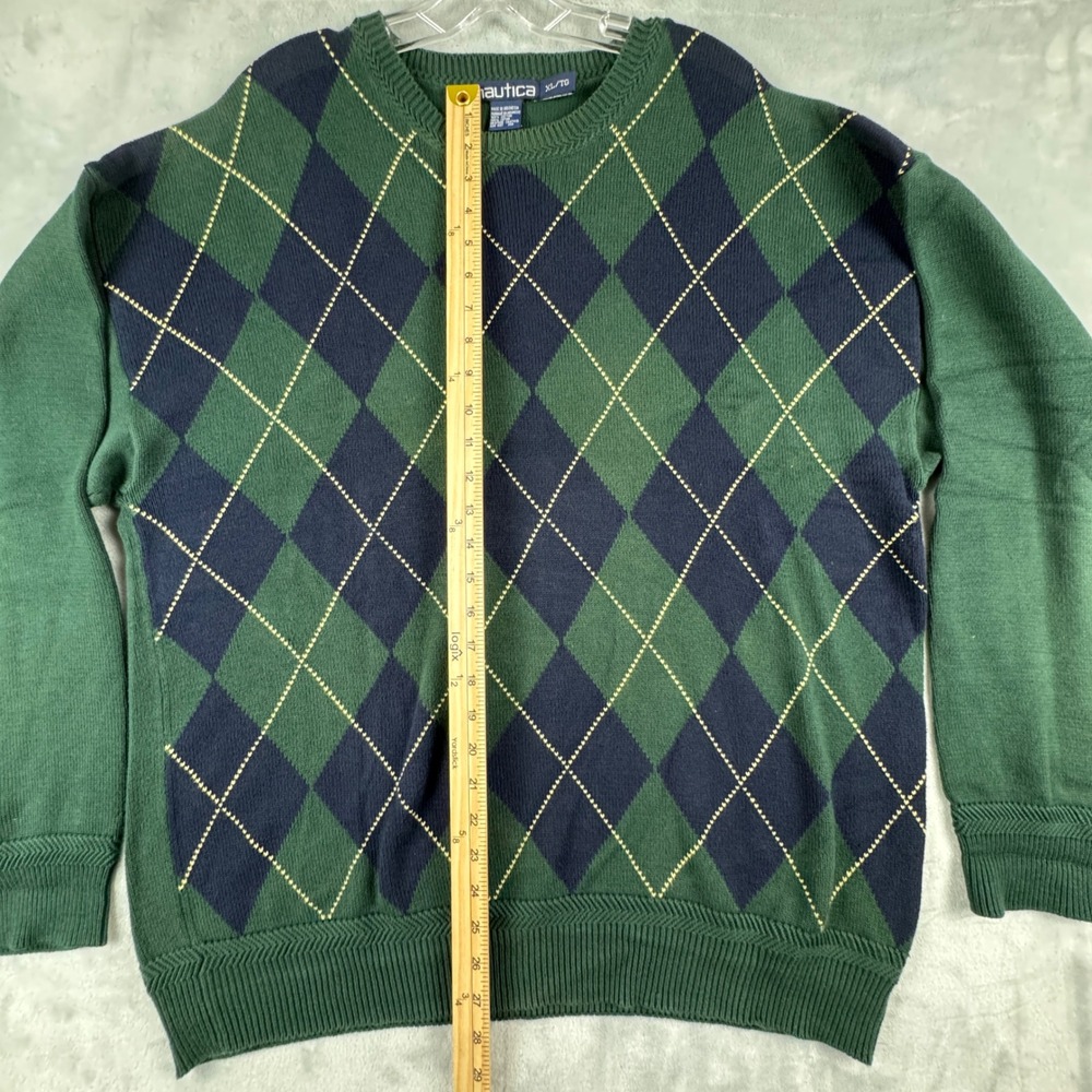 VTG Y2K Nautica Men's Argyle Sweater Green Navy Crew Neck Long Sleeve Cotton XL‎ - Picture 7 of 8